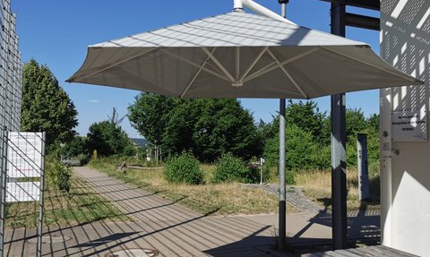 Ein heller Sonnenschirm steht auf einem breiten, gepflasterten Weg, umgeben von grüner Vegetation und Bäumen.